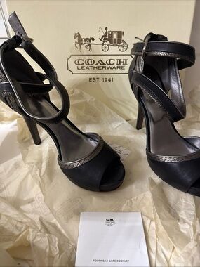 Coach Black Leather Peep-Toe Ankle Strap Heels